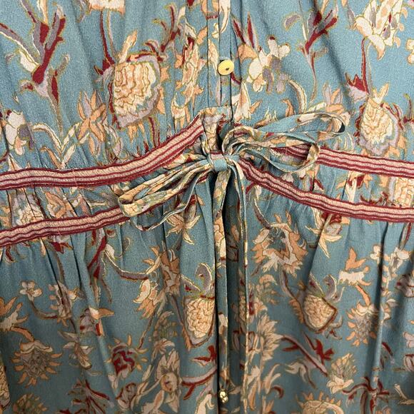 Veronica Beard Blue Floral Boho Peasant Tunic Dress Rayon Tie Waist Romantic - Picture 6 of 14